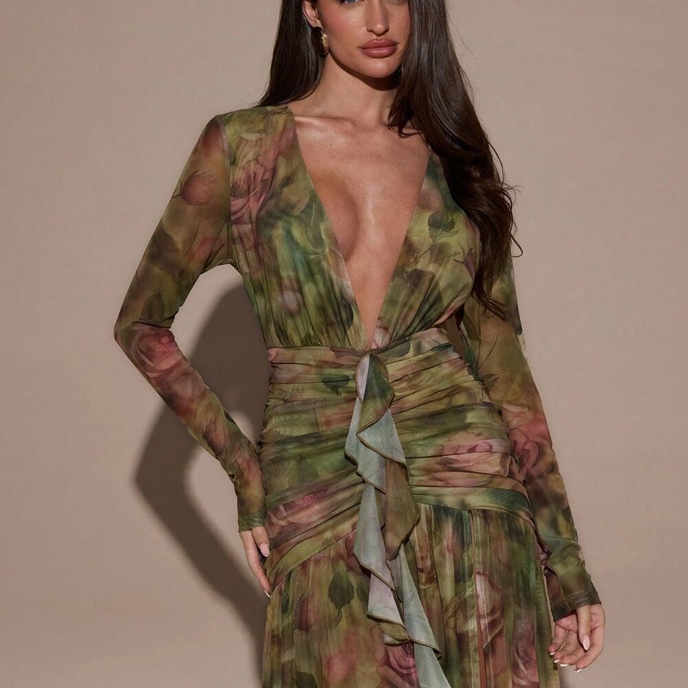 Green Elegant Women's Sexy Floral Print Deep V-Neck Dress - Picture 6 of 6